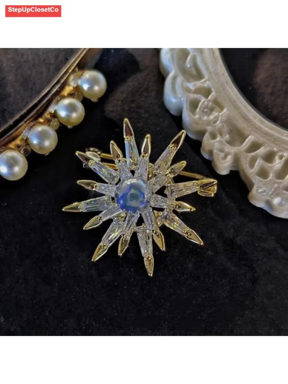 Sparkling Starburst Brooch Pin Double Layer Pearl CZ Gold Plated Punk Style 1